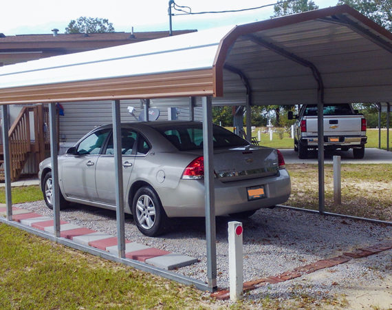 Metal carport installation with gray car for gallery page